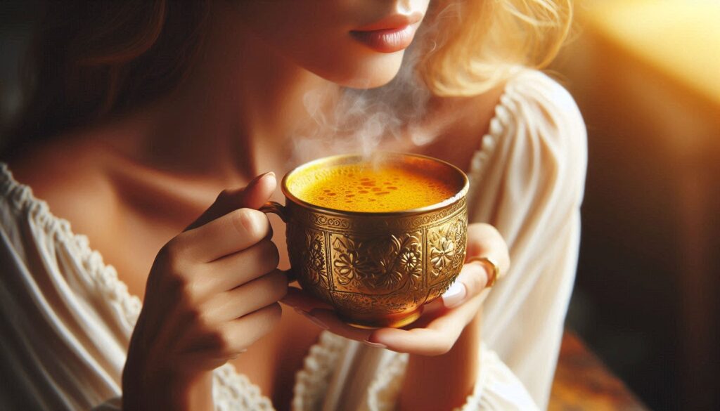 A golden cup of turmeric, pepper, and honey tea.-aloukika