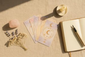 Aesthetic flat-lay of tarot and oracle cards with moon and star motifs, a rose quartz crystal, dried flowers, candle, and open notebook on beige linen, symbolizing mindfulness and intuitive reflection.